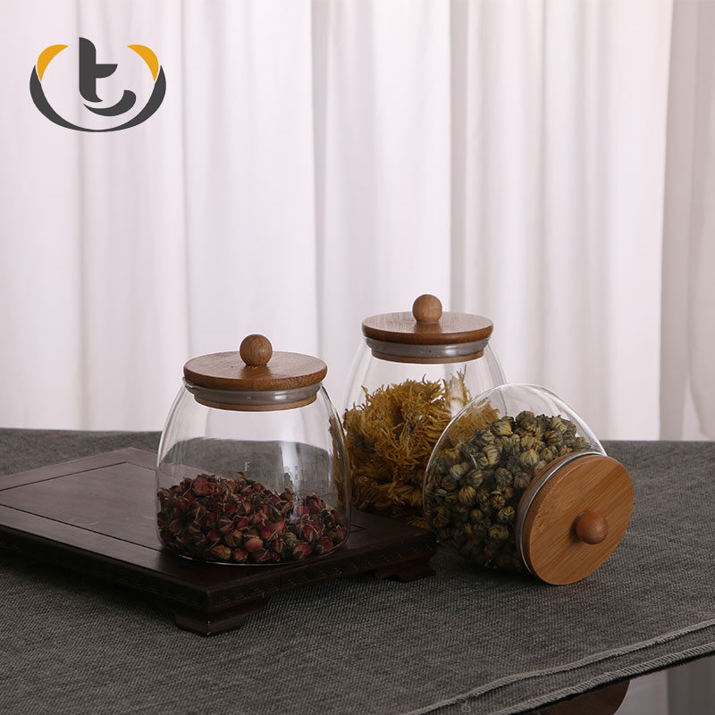 Quality empty glass jar price with acacia lid glass packaging jar