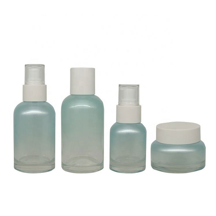 Quality light blue glass cosmetic containers and packaging bottles for cream lotion