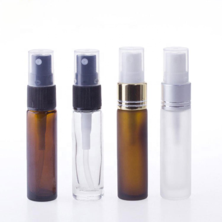R16 empty portable amber/ frosted amber /clear thick 10 ml perfume glass bottle with black mist sprayer