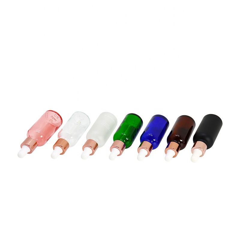 Rainbow 30ml round empty 1oz custom design essential oil glass dropper bottle with rose gold collar white rubber head