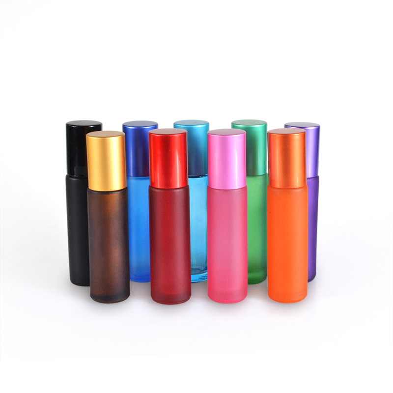 Rainbow color frosted red yellow blue green 10ml empty glass essential oil perfume roll on bottles