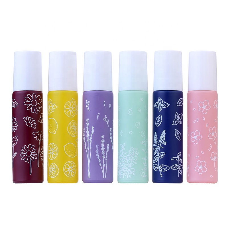 Rainbow in stock 10ml macaron round empty thick lightproof essential oil glass roll on bottle with white screw lid