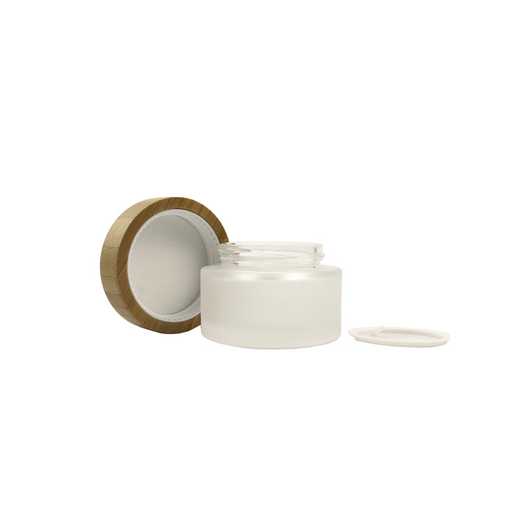 Raw Bamboo material cap glass jar Frosted Glass cream container with Wooden lid natural bamboo cap with logo engraving on top 15
