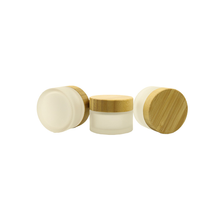 Raw Bamboo material cap glass jar Frosted Glass cream container with Wooden lid natural bamboo cap with logo engraving on top 15