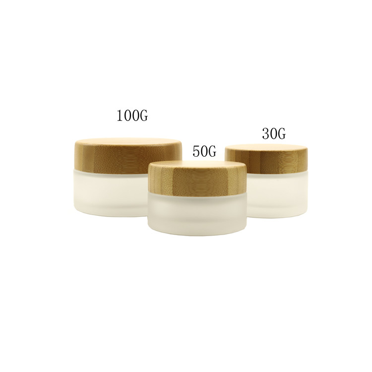 Raw Bamboo material cap glass jar Frosted Glass cream container with Wooden lid natural bamboo cap with logo engraving on top 15