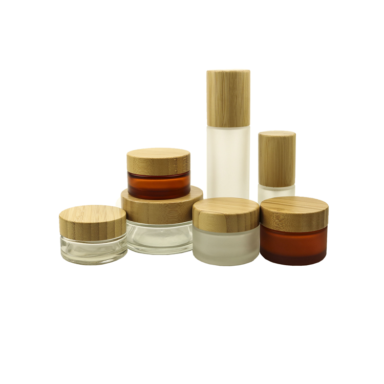 Raw Bamboo material cap glass jar Frosted Glass cream container with Wooden lid natural bamboo cap with logo engraving on top 15