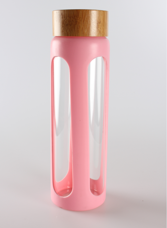 Rayko Big mouth classical shape 500ml single wall glass water bottle with glitter sleeve with bamboo lid