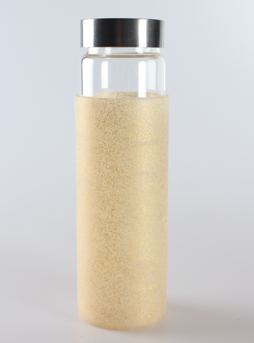Rayko Big mouth classical shape 500ml single wall glass water bottle with glitter sleeve with bamboo lid