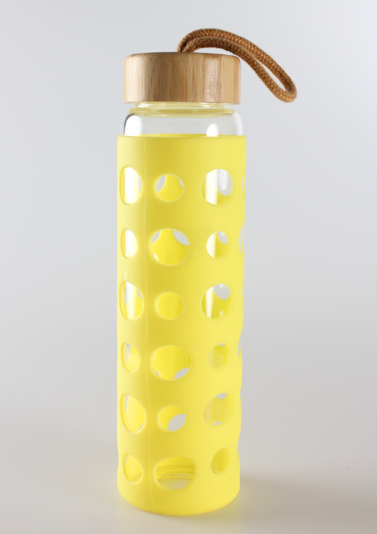 Rayko Big mouth classical shape 500ml single wall glass water bottle with glitter sleeve with bamboo lid