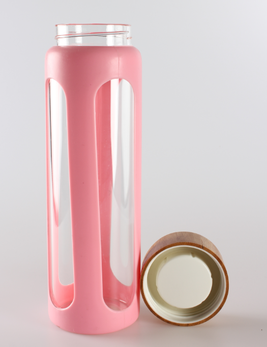 Rayko Big mouth classical shape 500ml single wall glass water bottle with glitter sleeve with bamboo lid