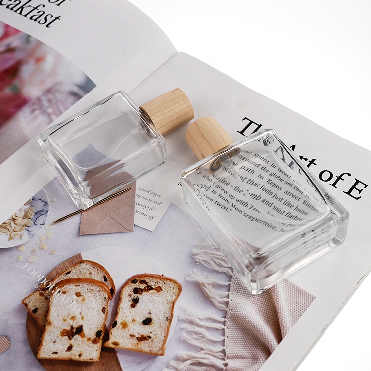 Ready To Ship Square Empty Perfume Glass Bottle 50ml 100ml With Wooden Cap And Boxes