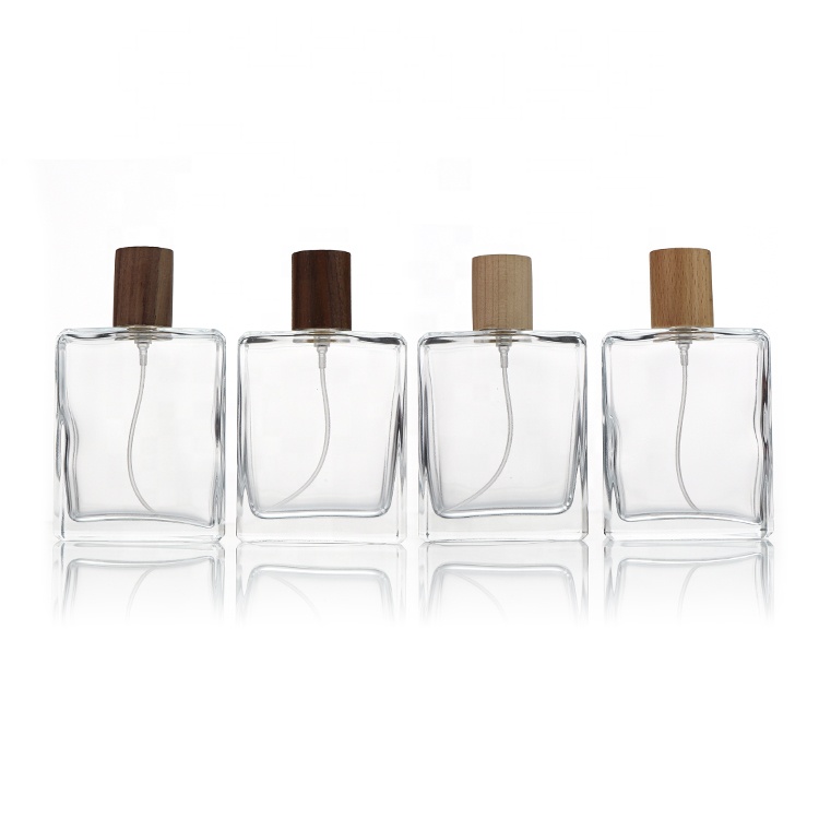 Ready To Ship Square Empty Perfume Glass Bottle 50ml 100ml With Wooden Cap And Boxes