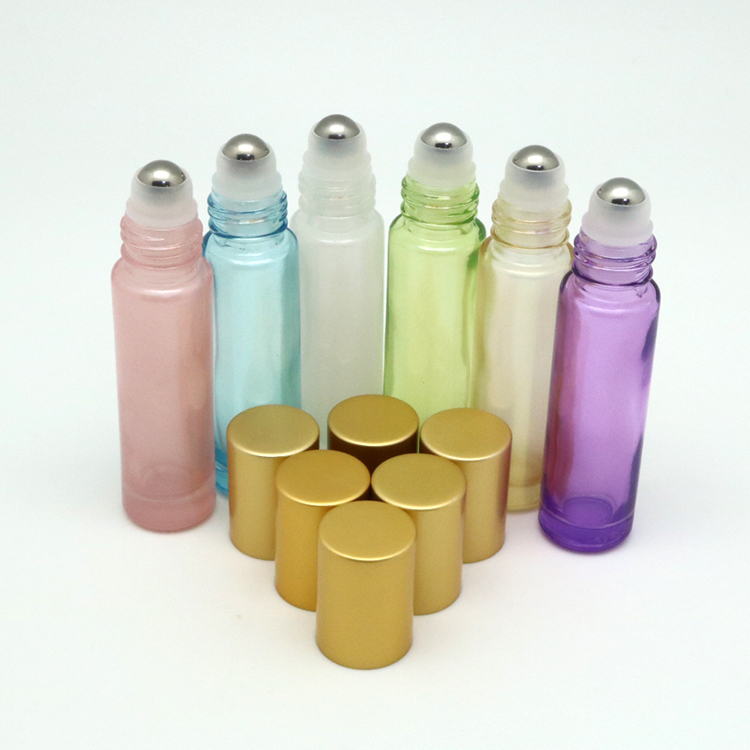 Ready to ship 10ml high quality empty round colorful pearlescent glass essential oil roller bottle Combination of Gift Set