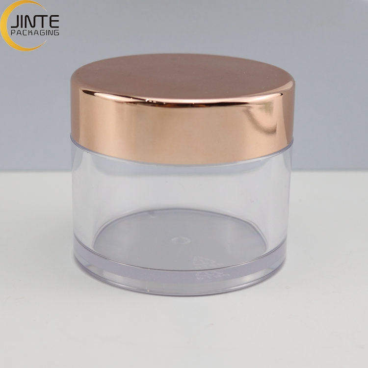 Ready to ship 2oz 60ml Clear body PETG Luxury Cosmetic Plastic jar with Shiny Rose gold lids for Powder Cream jar