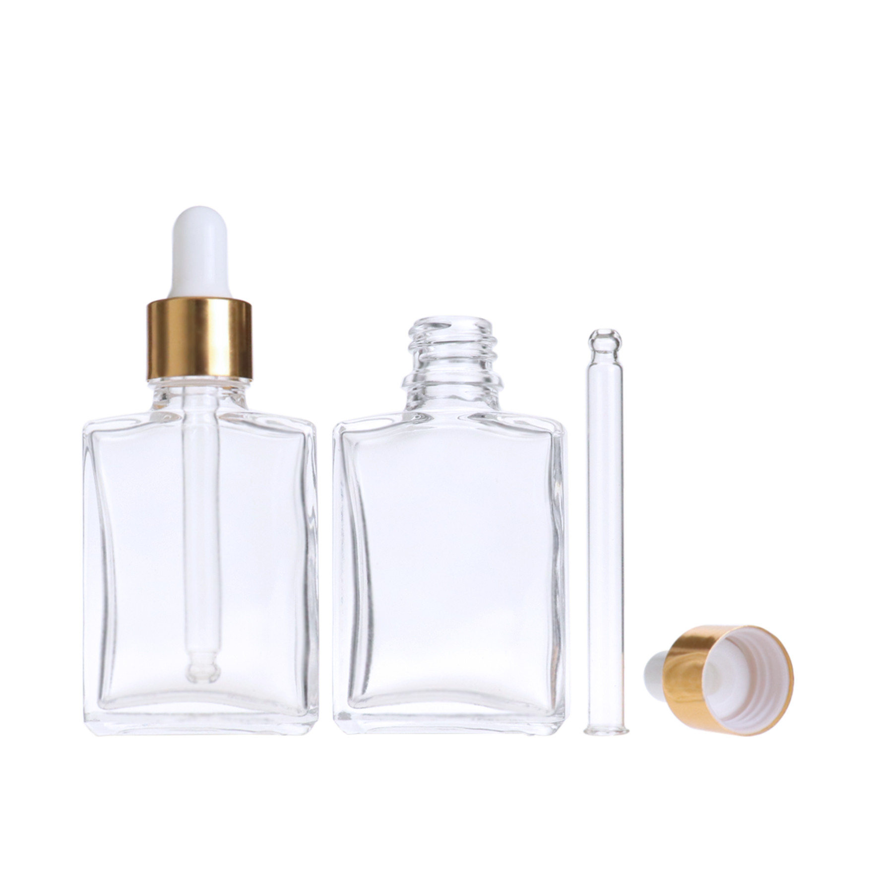 Ready to ship 30ml 50ml rectangle square clear transparent glass eye dropper bottle with golden cap