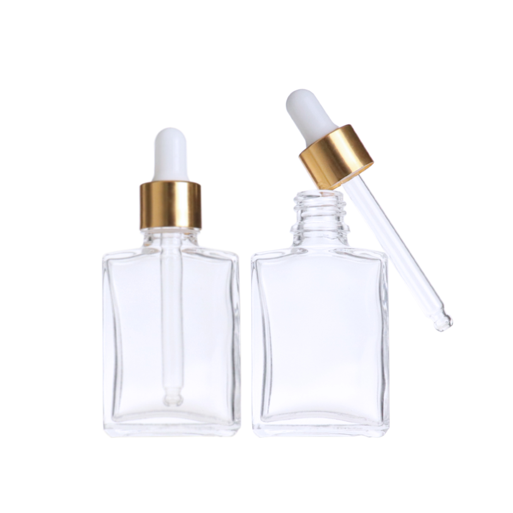 Ready to ship 30ml 50ml rectangle square clear transparent glass eye dropper bottle with golden cap