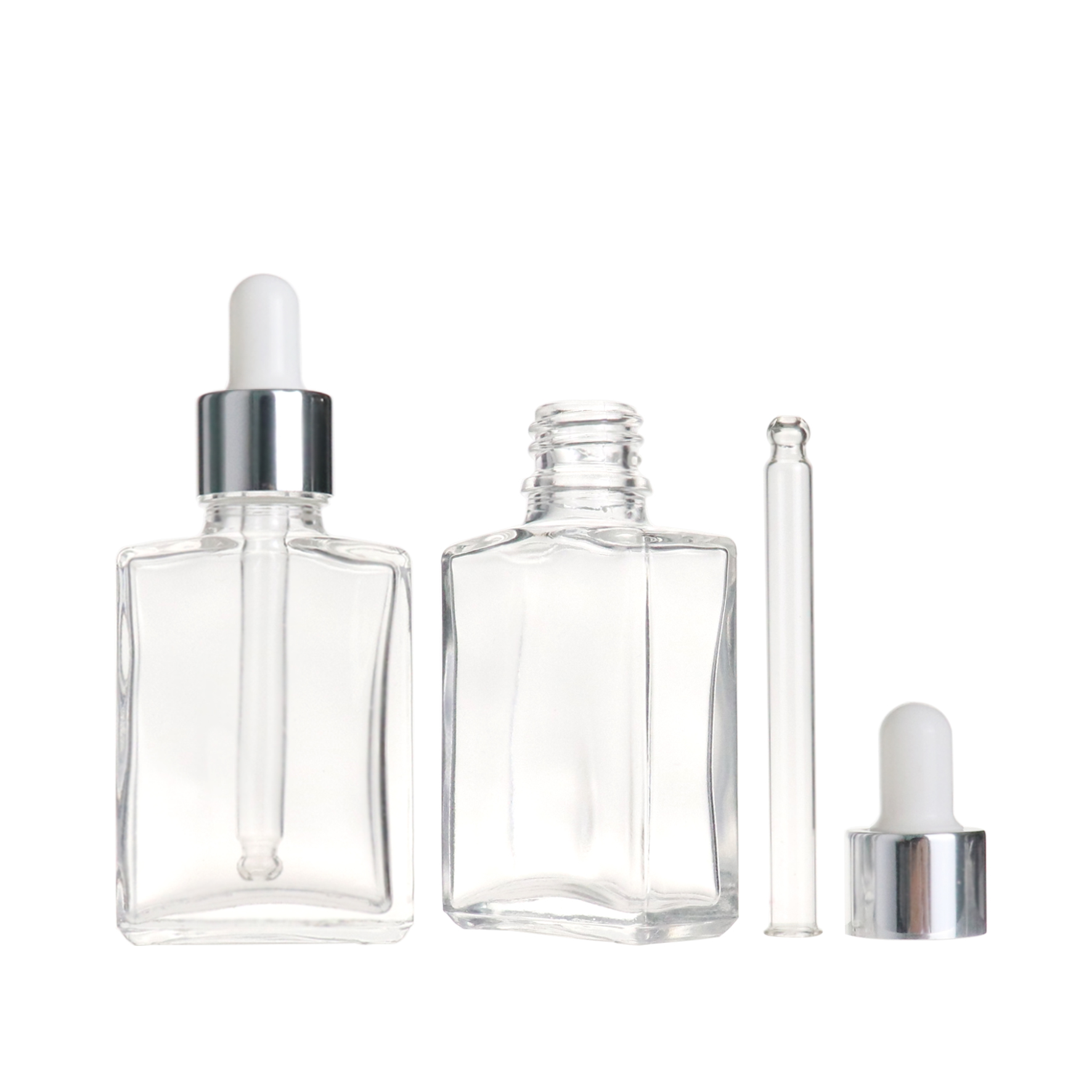 Ready to ship 30ml 50ml rectangle square clear transparent glass eye dropper bottle with golden cap