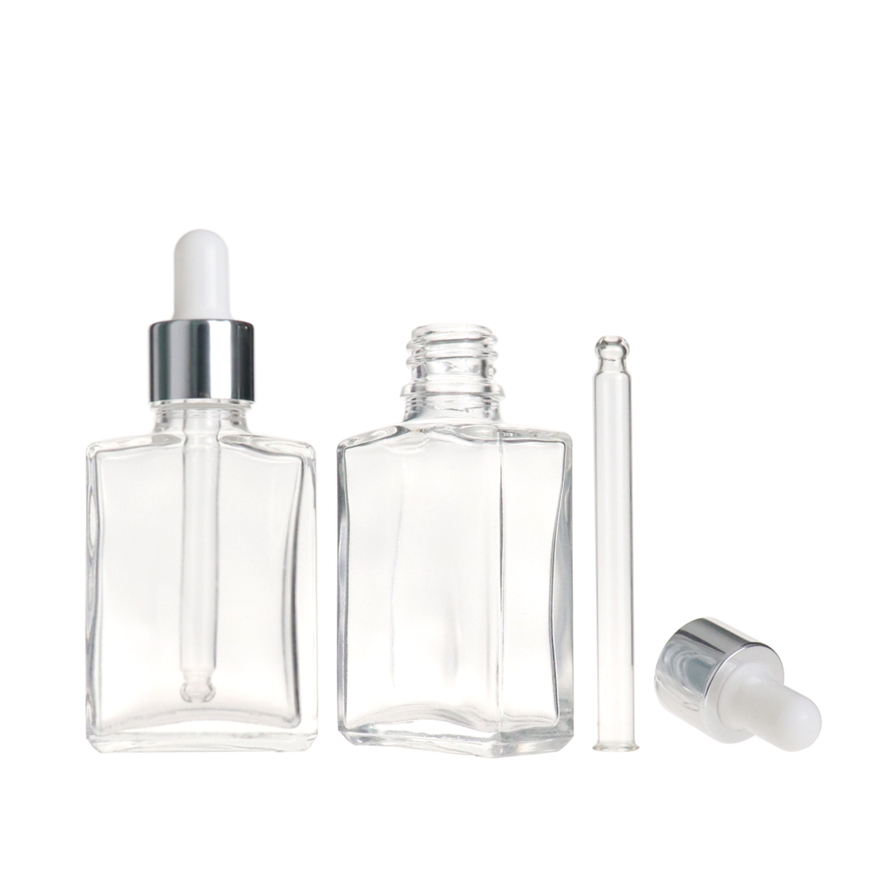 Ready to ship 30ml 50ml rectangle square clear transparent glass eye dropper bottle with golden cap