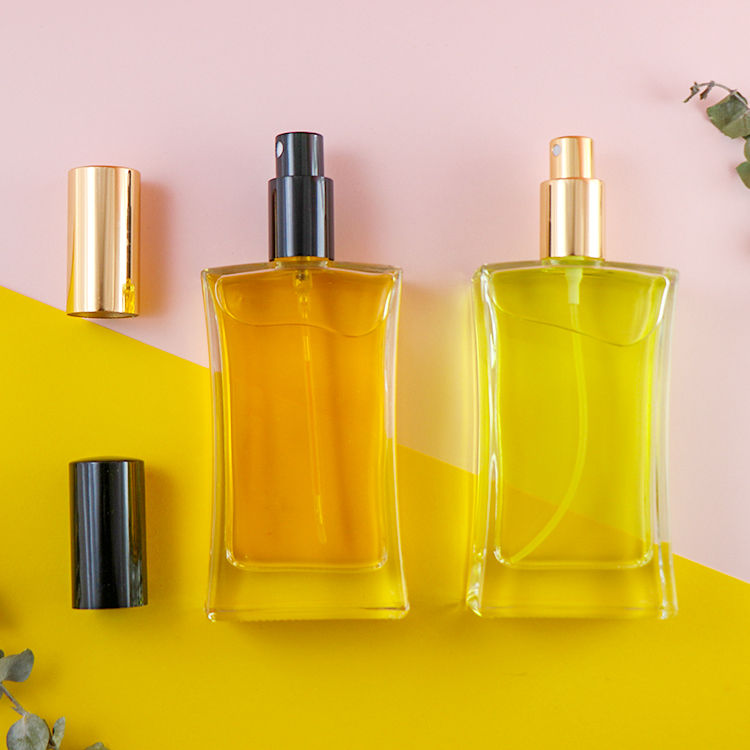 Ready to ship Glass refillable 100ml square clear spray pump perfume bottle