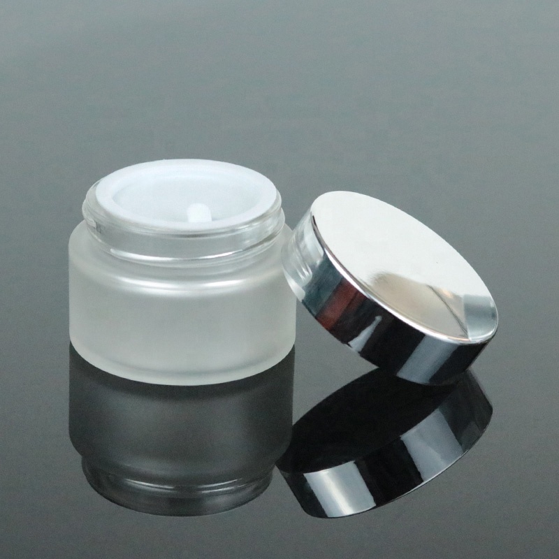 Ready to ship cosmetic glass jar 50ml matte frosted container silver top (GJM19)