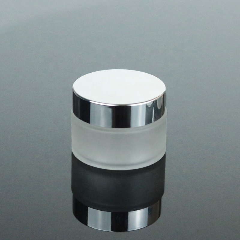 Ready to ship cosmetic glass jar 50ml matte frosted container silver top (GJM19)