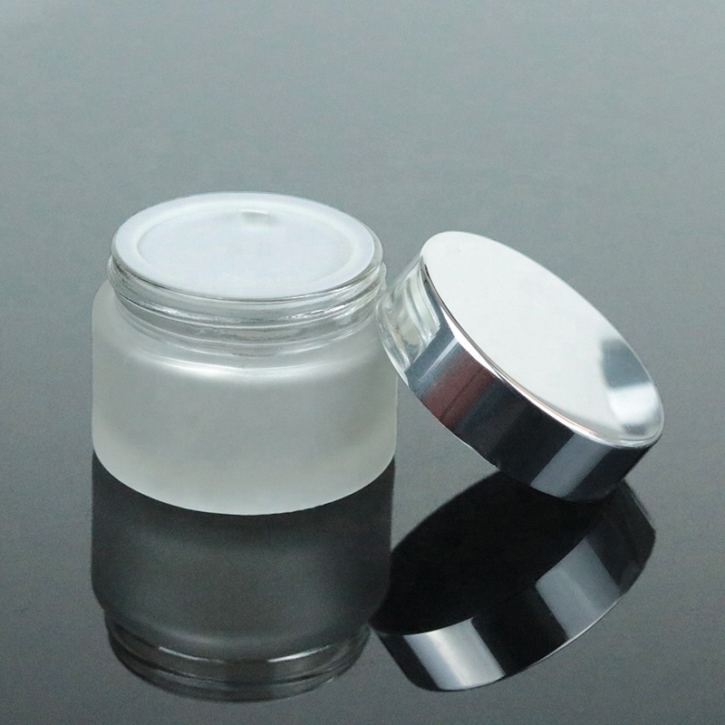 Ready to ship cosmetic glass jar 50ml matte frosted container silver top (GJM19)