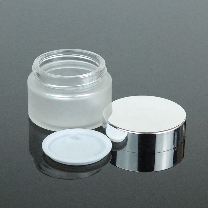 Ready to ship cosmetic glass jar 50ml matte frosted container silver top (GJM19)
