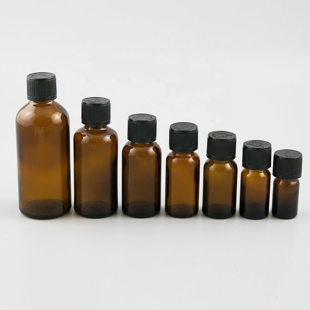 Ready to ship empty amber essential oil glass bottle 5ml 10ml 15ml 20 ml 30ml 50ml 100ml with child resistant cap