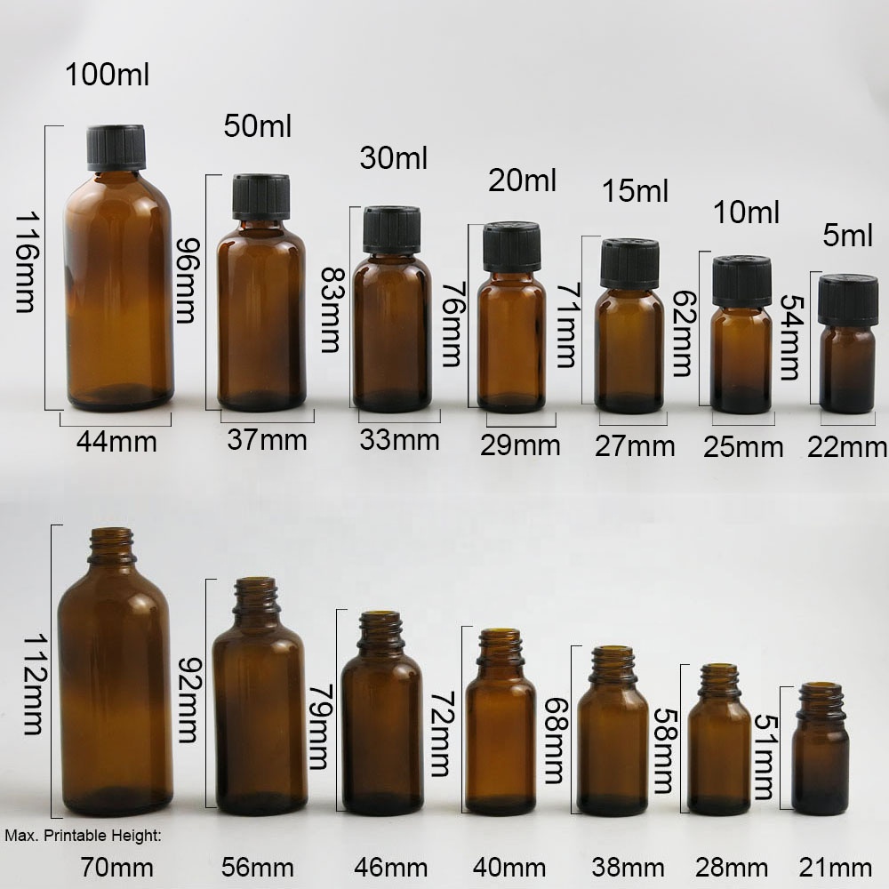 Ready to ship empty amber essential oil glass bottle 5ml 10ml 15ml 20 ml 30ml 50ml 100ml with child resistant cap