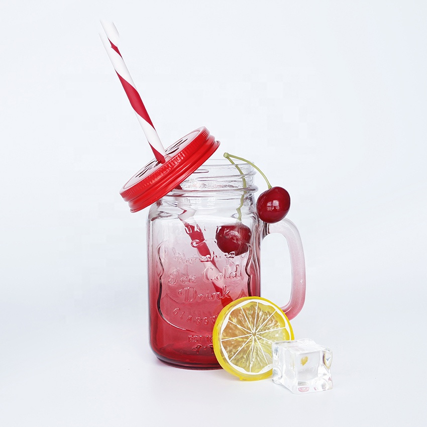 Recycled 16oz 480ml clear empty ice cold drink glass mason jar with handle glass beer mug with cap