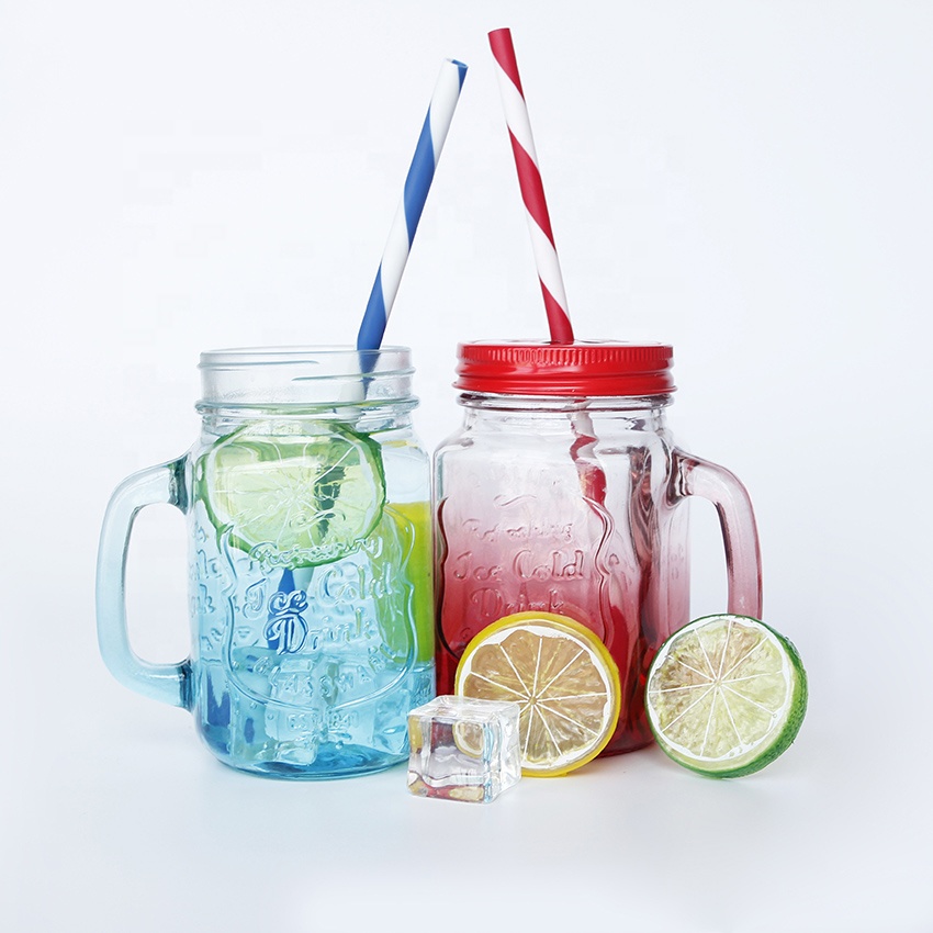 Recycled 16oz 480ml clear empty ice cold drink glass mason jar with handle glass beer mug with cap