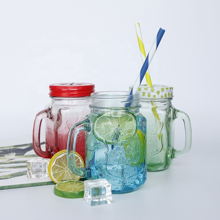 Recycled 16oz 480ml clear empty ice cold drink glass mason jar with handle glass beer mug with cap