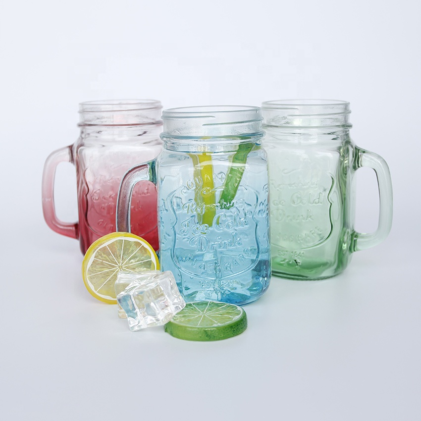 Recycled 16oz 480ml clear empty ice cold drink glass mason jar with handle glass beer mug with cap