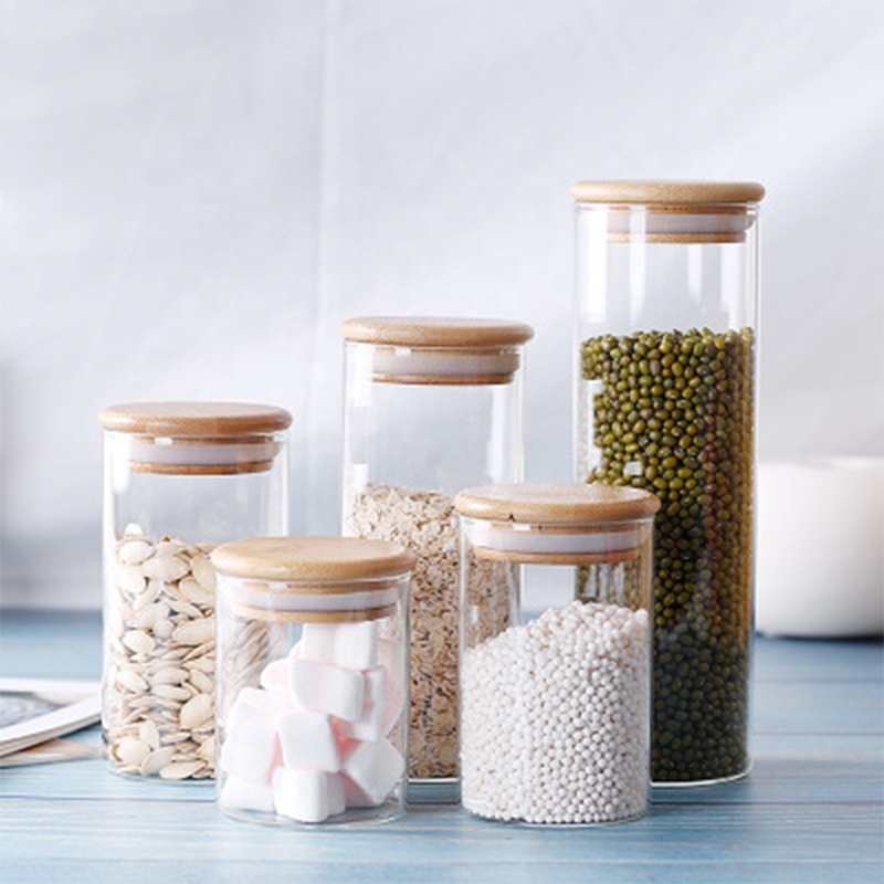 Recycled 2 ounce 4 ounce 8 ounce glass herb storage jars with with bamboo lid