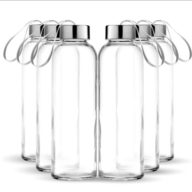 Recycled 500ml custom borosilicate clear water drinking glass bottles with stainless steel lids