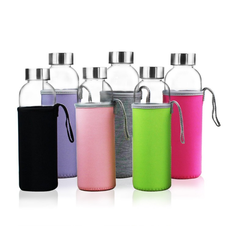 Recycled 500ml custom borosilicate clear water drinking glass bottles with stainless steel lids