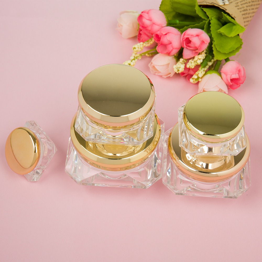 Recycled Empty Transparent Plastic Acrylic Cosmetic Packaging Jars Rose Gold Cap Pink Blue Purple Colored Diamond Cosmetic Jar
