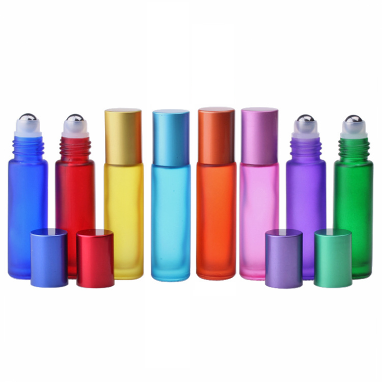 Red/Yellow/Green/Purple color frosted glass essential oil roll on bottles 10ml with metal roller ball and color lid
