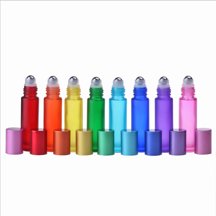 Red/Yellow/Green/Purple color frosted glass essential oil roll on bottles 10ml with metal roller ball and color lid