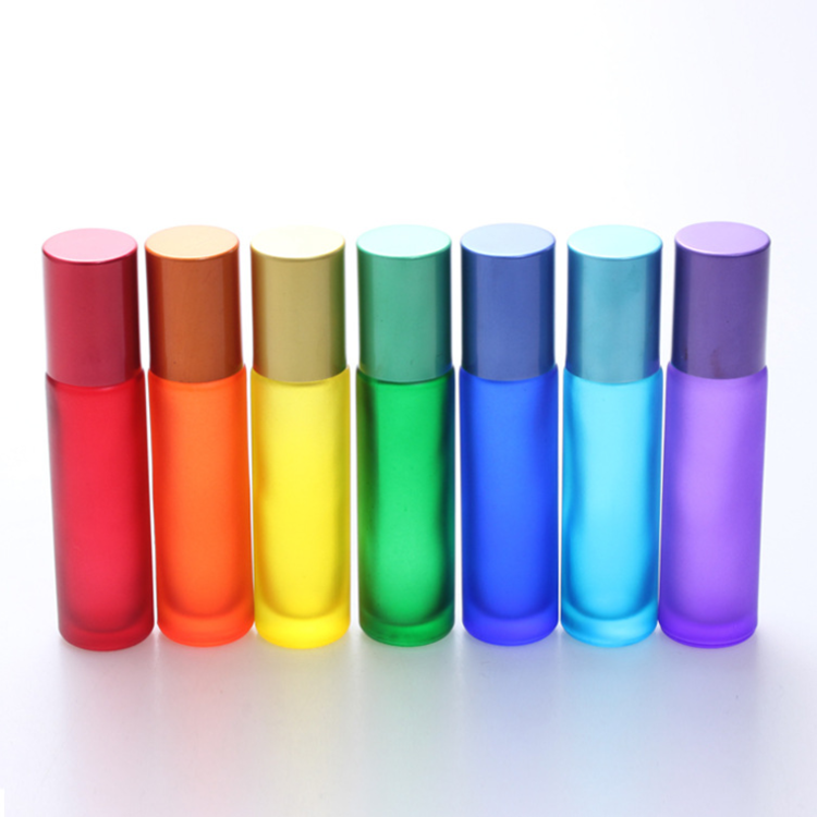 Red/Yellow/Green/Purple color frosted glass essential oil roll on bottles 10ml with metal roller ball and color lid