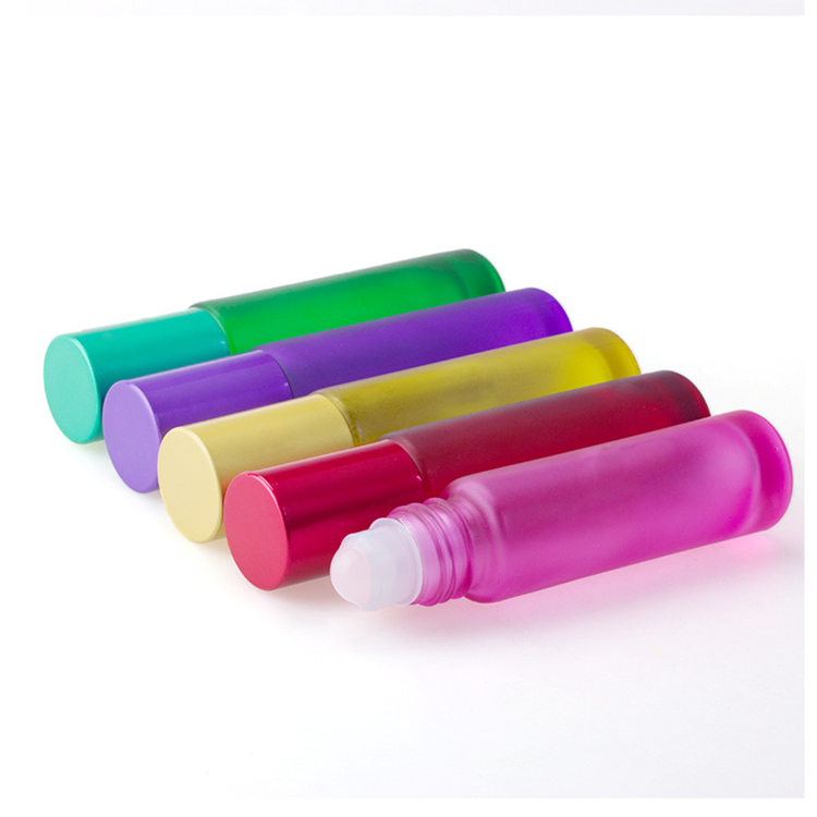 Red/Yellow/Green/Purple color frosted glass essential oil roll on bottles 10ml with metal roller ball and color lid