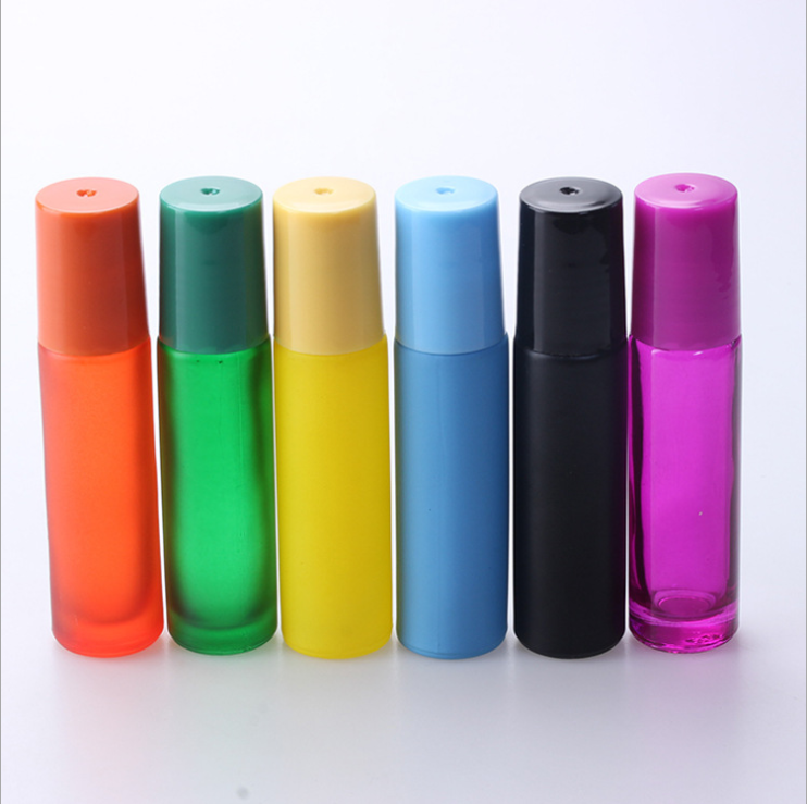 Red/Yellow/Green/Purple color frosted glass essential oil roll on bottles 10ml with metal roller ball and color lid