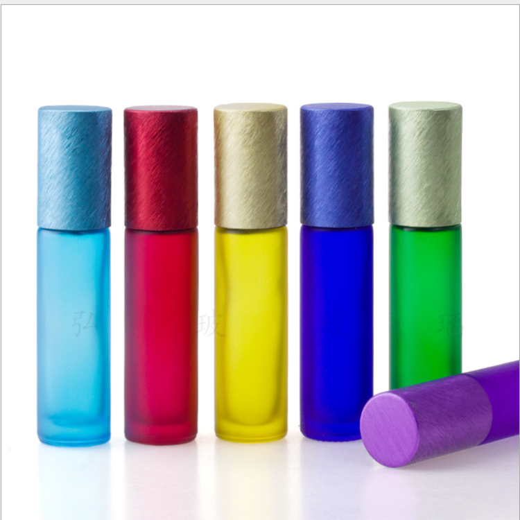 Red/Yellow/Green/Purple color frosted glass essential oil roll on bottles 10ml with metal roller ball and color lid