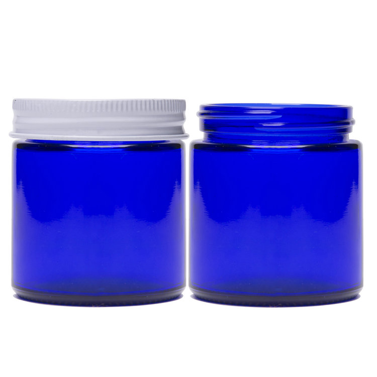 Refillable 4oz Cobalt Blue Glass Jar with White Lid for Cream