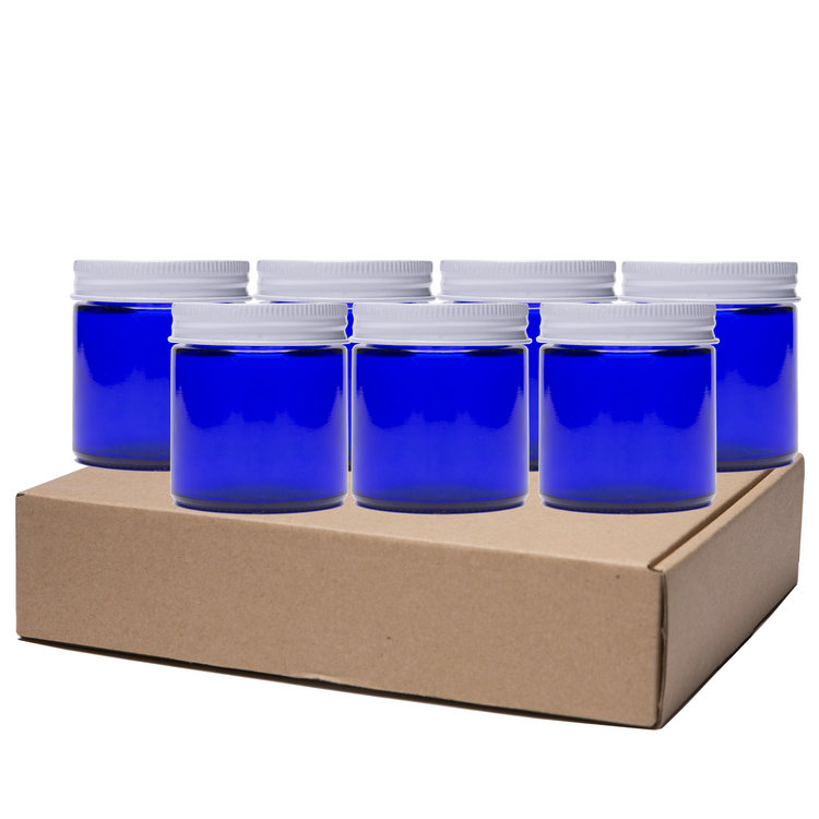 Refillable 4oz Cobalt Blue Glass Jar with White Lid for Cream