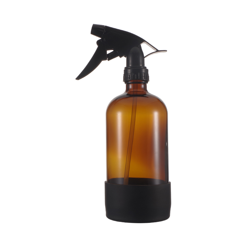 Refillable 500ml Empty Amber Room Cleaning Glass Trigger Spray Bottle with Silicone Sleeve