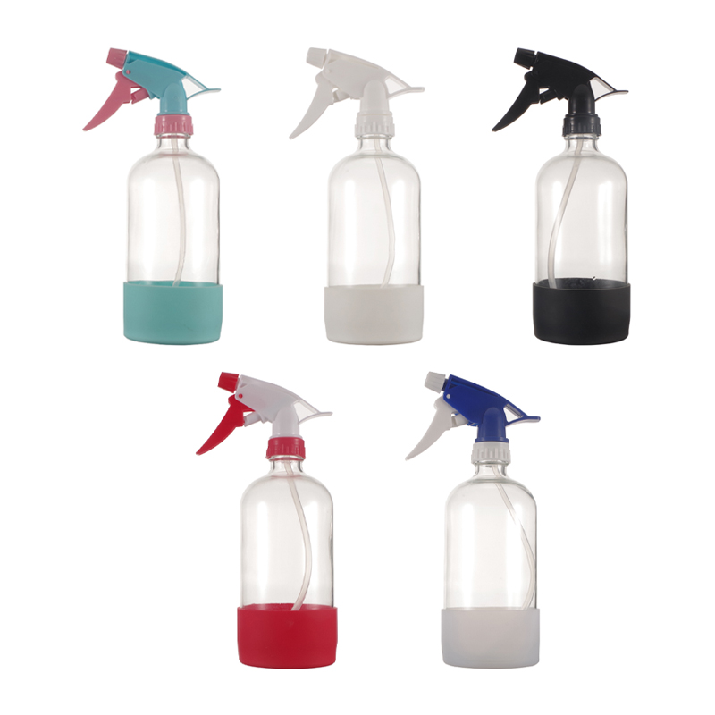 Refillable 500ml Empty Amber Room Cleaning Glass Trigger Spray Bottle with Silicone Sleeve