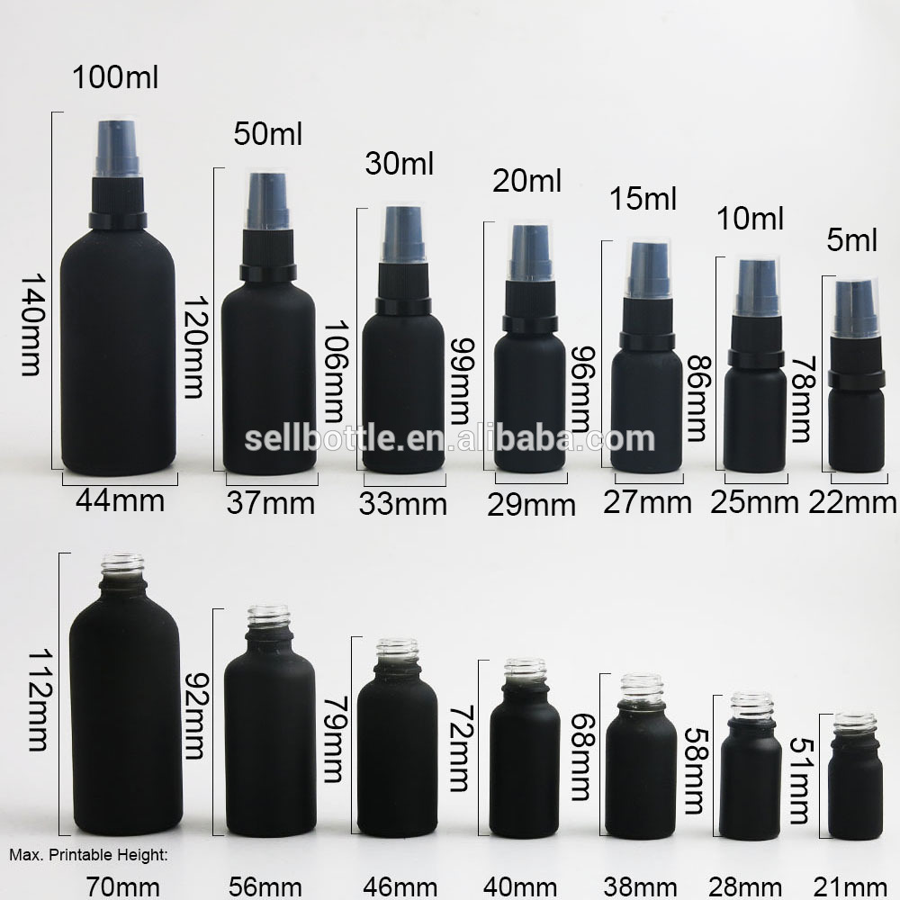 Refillable 5ml 10ml 15ml 20ml 30ml 50ml 100ml frosted black massage oil pump glass bottle,matte black cosmetic glass package