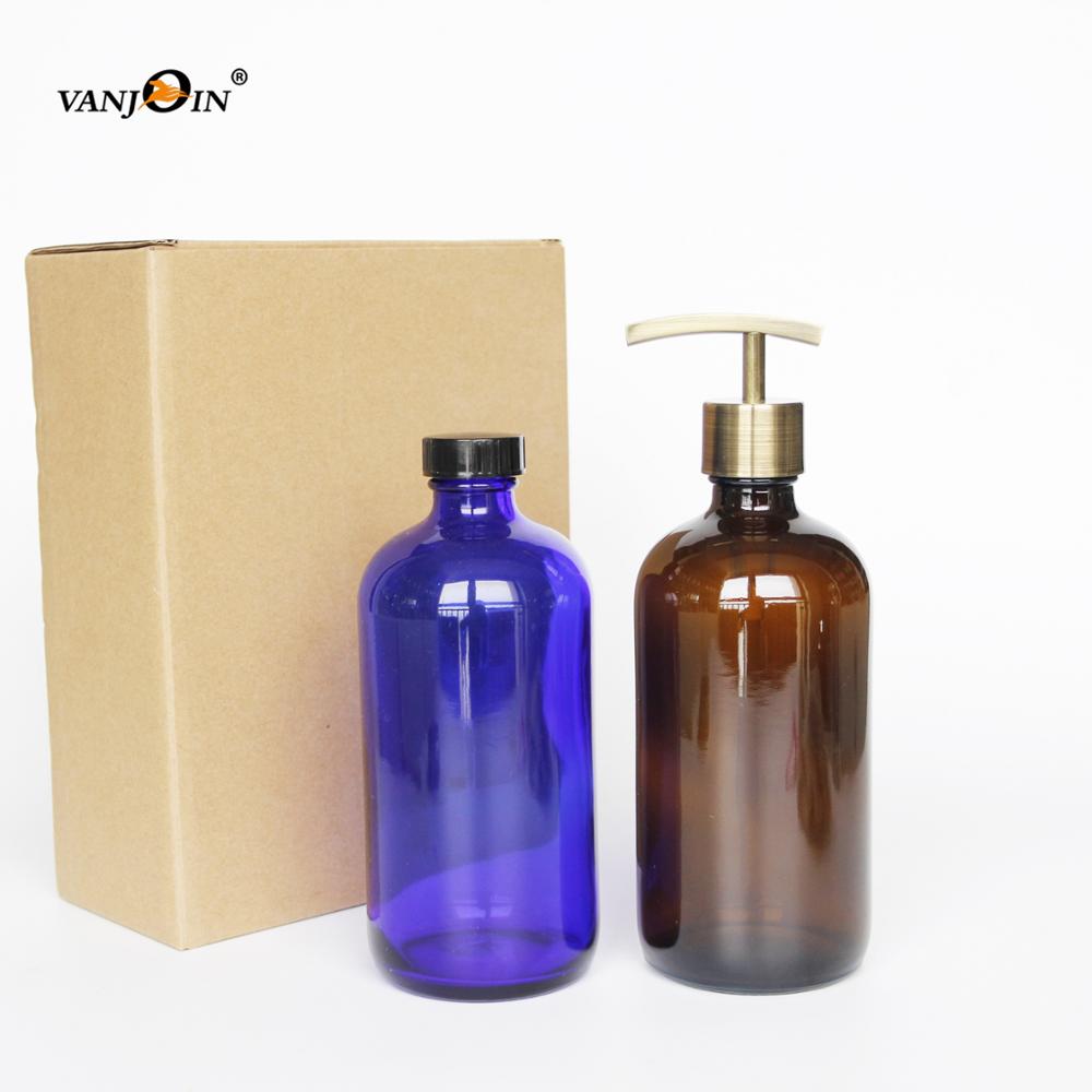 Refillable 8oz 16oz 32oz Essential Massage Oil Glass Shampoo Round Glass Bottle Lotion Bottles With Pump Best Packaging