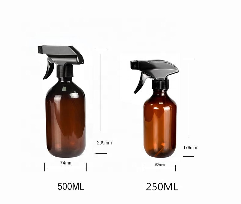 Refillable 8oz 250ml 16oz 500ml  Boston Round  amber glass spray bottles with 28mm black trigger spray